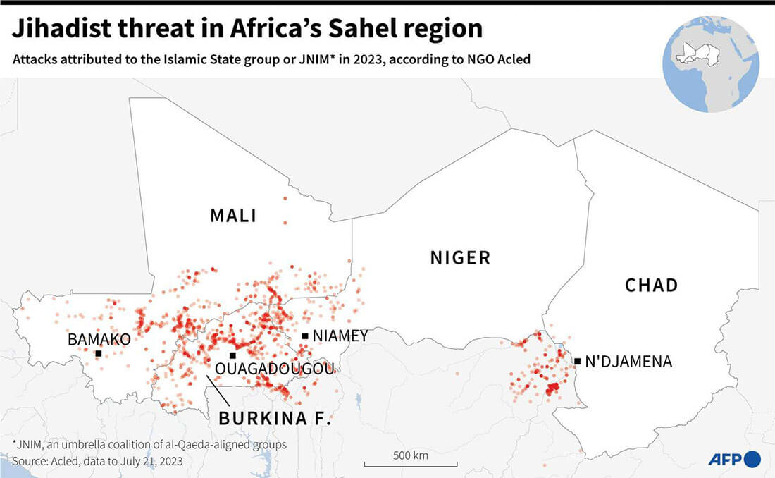 Mapa que muestra la localización de los ataques yihadistas atribuidos al grupo Daesh u otros grupos yihadistas desde 2021 hasta el 21 de julio de 2023 en la región del Sahel<br />
PHOTO/AFP
