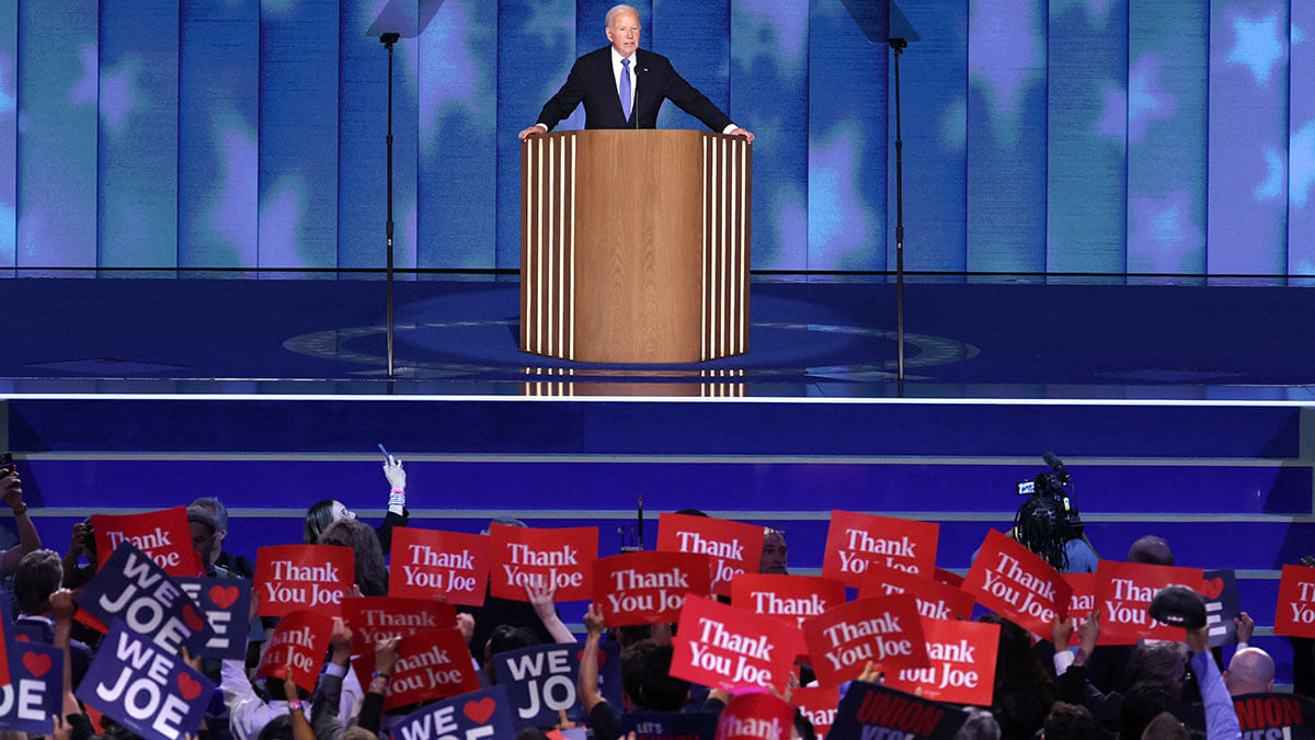 <p>El presidente estadounidense, Joe Biden, se dirige a los delegados en el primer día de la Convención Nacional Demócrata (DNC) en Chicago, Illinois, EE. UU., el 19 de agosto de 2024 - REUTERS/MIKE SEGAR</p>
