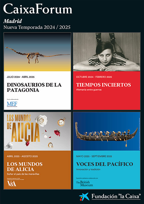 CaixaForum Madrid acogerá esta temporada 2024-2025 exposiciones dedicadas al impacto cultural del mundo de Alicia en el País de las Maravillas, en colaboración con el Victoria and Albert Museum de Londres, a los años convulsos y de explosión cultural de la República de Weimar, y a la creatividad y la sensibilidad artística de las gentes de las islas del Pacífico, de la mano del British Museum