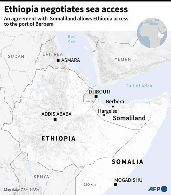 <p>Mapa regional de África Oriental que muestra el puerto de Berbera, en el territorio separatista de Somalilandia, con el que Etiopía ha llegado a un acuerdo para tener acceso al mar - AFP/ SYVIE HUSSON & VALENTINA BRESCHI</p>