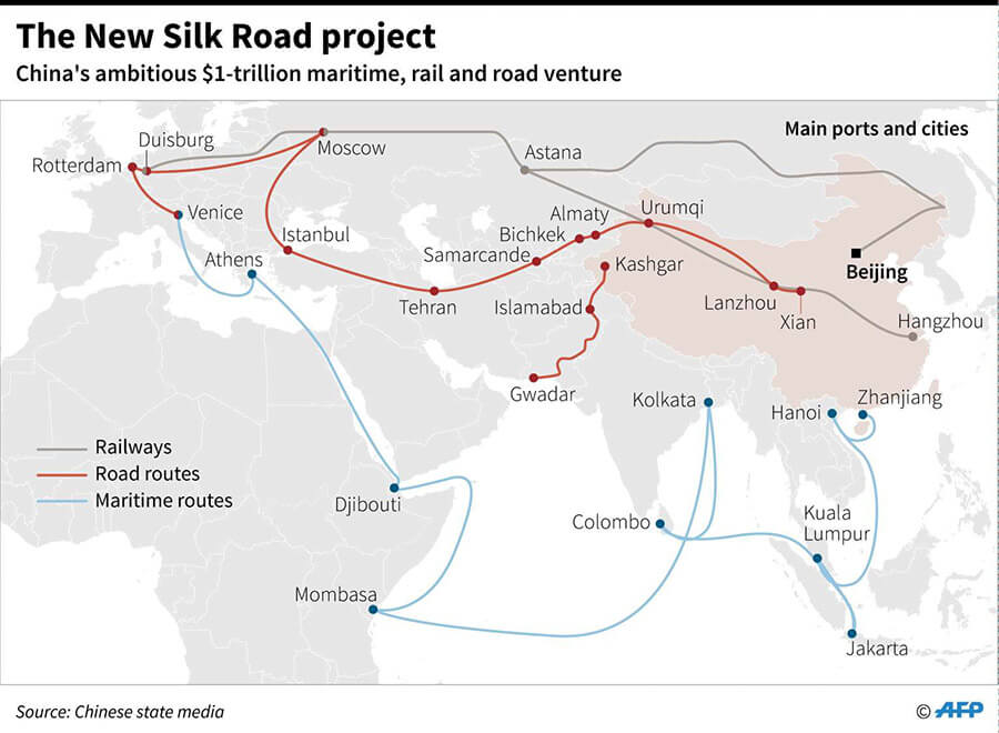 Mapa que muestra la Nueva Ruta de la Seda, un enorme proyecto de infraestructura chino que incluye rutas de carreteras, ferrocarriles y barcos - AFP/ LAURENCE CHU
