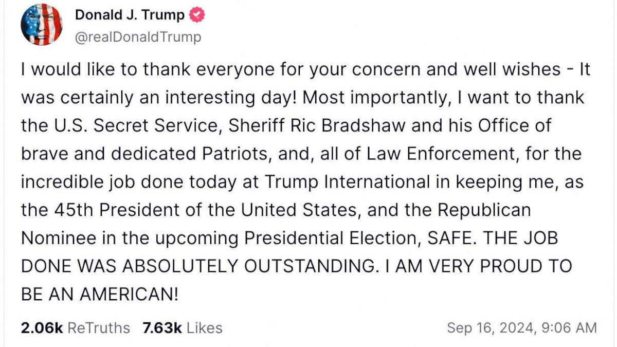 La primera publicación del candidato presidencial republicano y expresidente Donald Trump después de un aparente intento de asesinato en Florida - PHOTO/Redes sociales vía Reuters