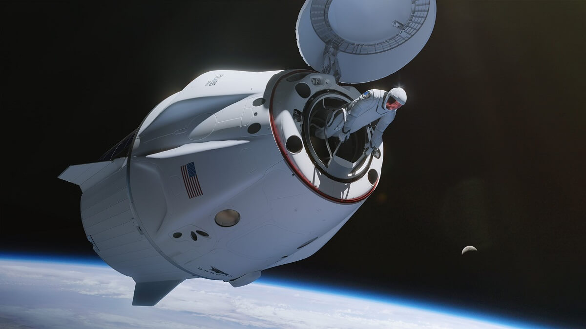 Imagen virtual en la que se aprecia el balcón y la barandilla habilitada para facilitar la sujeción de Jared Isaacman y de Sarah Gillis, que no han paseado por el exterior de la cápsula Dragón - PHOTO/SpaceX