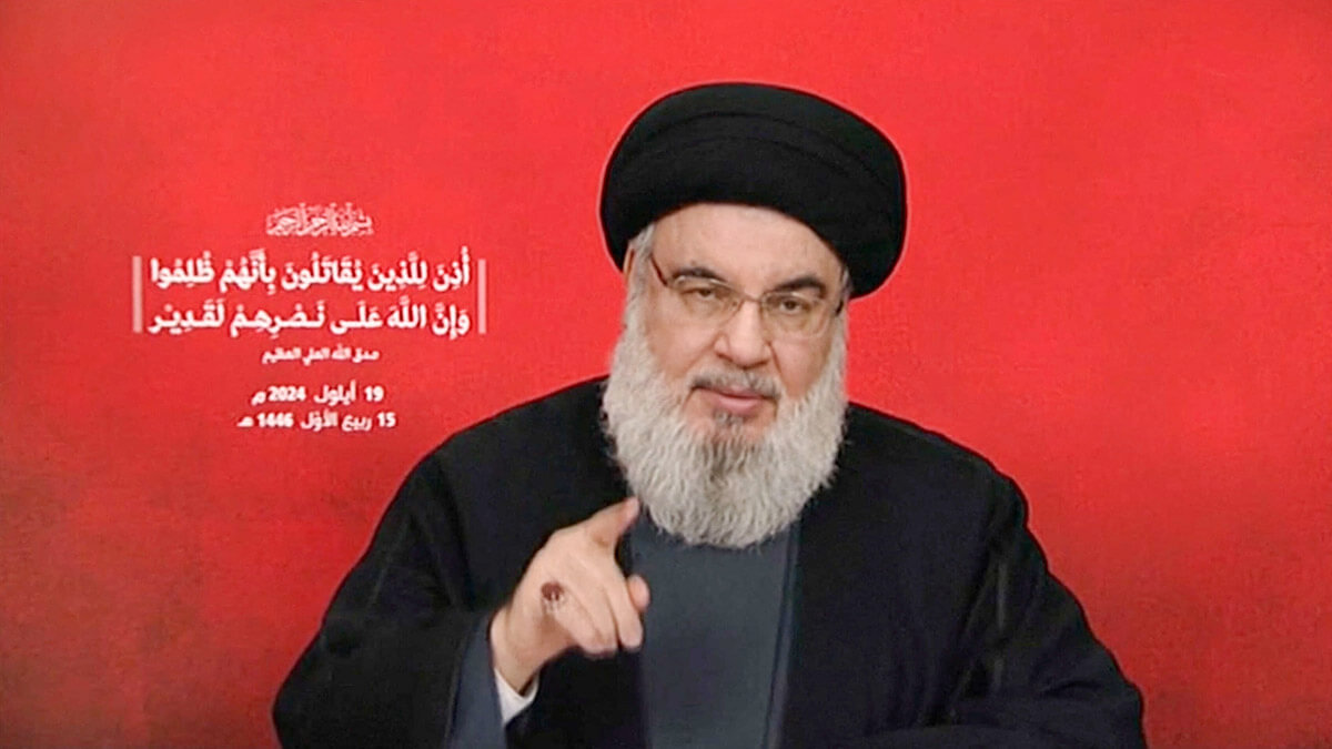 El líder de Hezbolá, Sayyed Hassan Nasrallah, da un discurso televisado, Líbano, 19 de septiembre de 2024 - PHOTO/ AL-MANAR TV via REUTERS