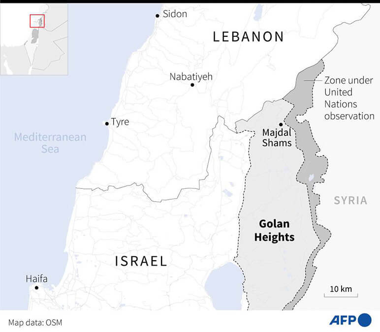 Mapa de la zona fronteriza entre Líbano e Israel y los Altos del Golán - PHOTO/AFP