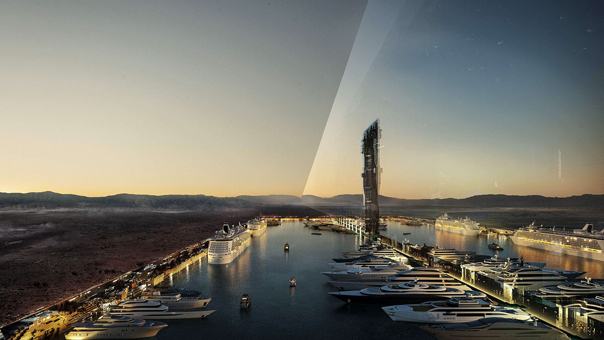 Plan de diseño para las estructuras paralelas de 500 metros de altura, conocidas colectivamente como The Line, en el corazón de la megaciudad del Mar Rojo NEOM - PHOTO/ NEOM