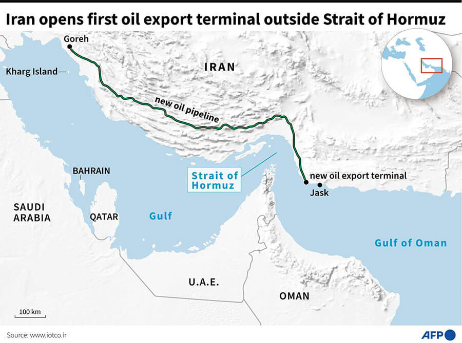 <p>Mapa del Golfo que muestra el estrecho de Ormuz, los puertos de la isla de Kharg y Jask y el nuevo oleoducto de Goreh, en Irán - PHOTO/AFP </p>
