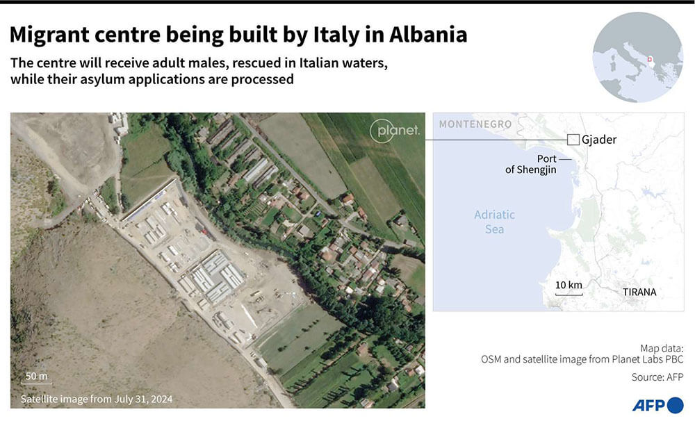 Mapa que muestra el centro para solicitantes de asilo que Italia está construyendo en Gjader, Albania, destinado a migrantes varones adultos rescatados en aguas italianas - PHOTO/AFP