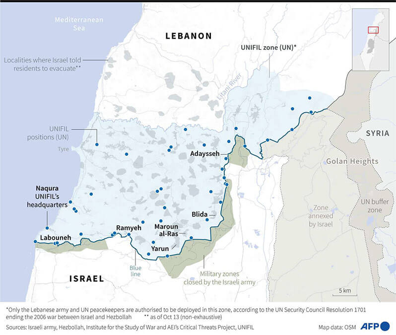 Mapa del sur del Líbano que muestra la zona de la FPNUL (ONU) - PHOTO/AFP