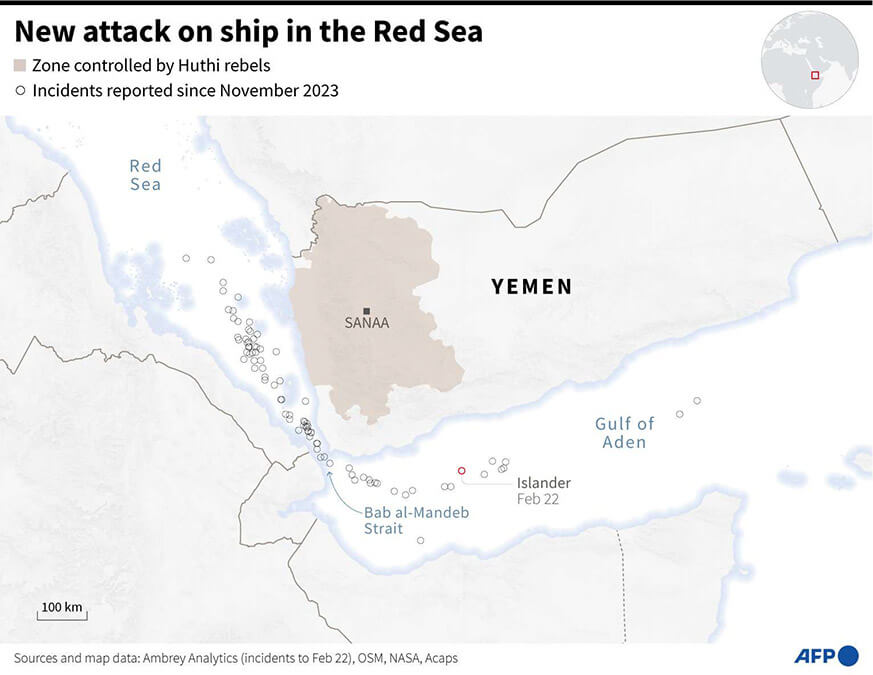 <p>Mapa del mar Rojo y el golfo de Adén, que muestra las posiciones de los barcos involucrados en incidentes atribuidos a rebeldes hutíes reportados desde noviembre de 2023, según datos de Ambrey Analytics - AFP/AFP </p>