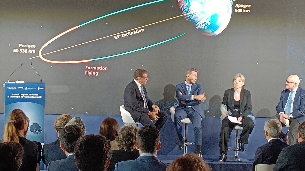 Ante la ministra de Ciencia y un auditorio de directivos y profesionales del sector espacial español, Diego Rodríguez (Sener), Javier Benito (Airbus), Mariella Graziano (GMV) e Ignacio Tourné explican las claves de Proba-3 - PHOTO/JPons