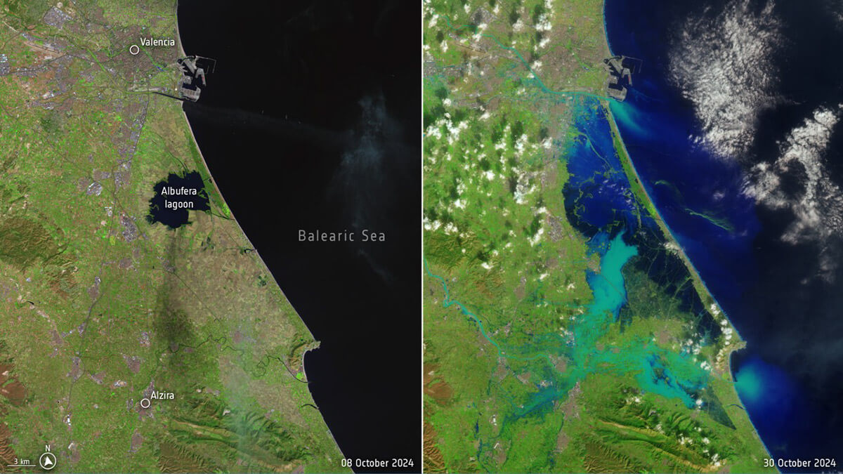 Las imágenes del satélite radar español Paz, del LandSat 8 de la NASA (en imagen) y de los Sentinel europeos de la Constelación Copernicus han captado la magnitud de las inundaciones en la zona Sur de Valencia capital - PHOTO/NASA