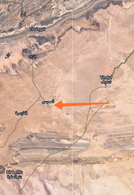 Mapa del noreste del Sáhara Occidental donde se sitúa el pueblo afectado por los ataques del Frente Polisario, Mahbes, cerca de la frontera con Argelia