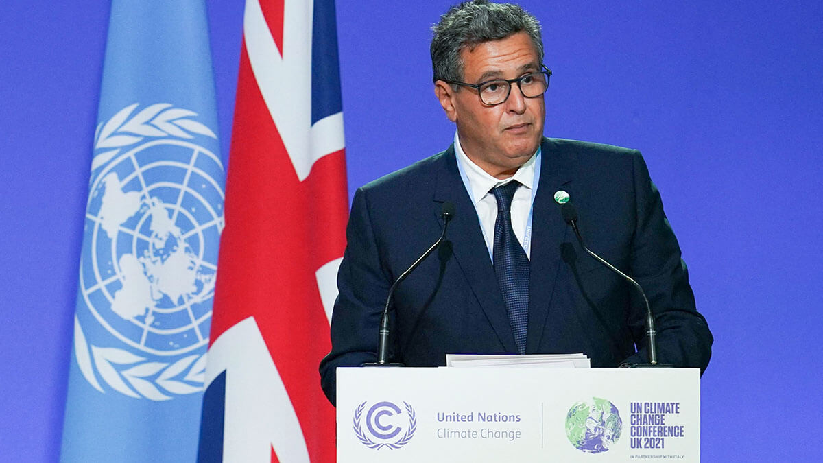 Aziz Akhannouch, presenta su declaración nacional en el marco de la Cumbre de Líderes Mundiales de la Conferencia de las Naciones Unidas sobre el Cambio Climático COP26 en Glasgow, Escocia, el 1 de noviembre de 2021 - AFP/ IAN FORSYTH