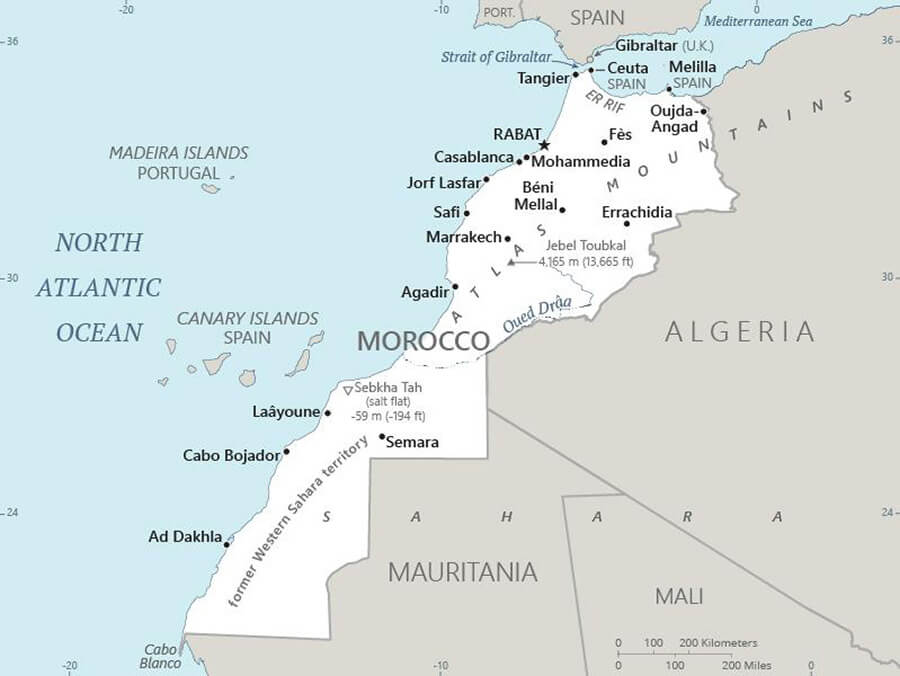 Mapa de Marruecos que muestra los principales centros de población, así como partes de los países circundantes y el Océano Atlántico Norte. Tenga en cuenta que en 2020 los Estados Unidos reconocieron el Sáhara Occidental como parte de Marruecos - PHOTO/ https://www.cia.gov/the-world-factbook/countries/morocco/map/