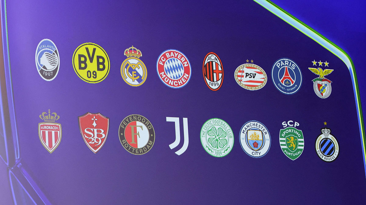 <p>Escudos de los equipos que se enfrentarán en la ronda de dieciseiavos de la UEFA Champions League 2024-2025 - REUTERS/ DENIS BALIBOUSE </p>