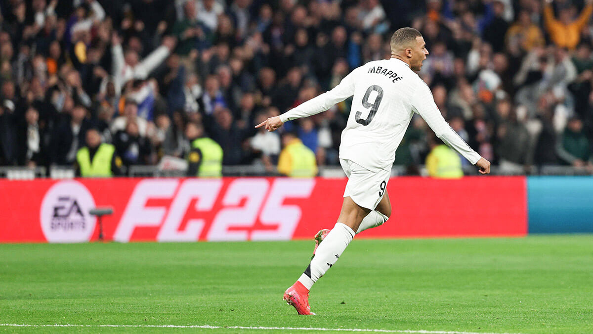<p>Kylian Mbappé del Real Madrid celebra su primer gol - REUTERS/VIOLETA SANTOS MOURA </p>