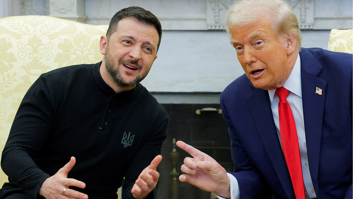 El presidente estadounidense Donald Trump se reúne con el presidente ucraniano Volodymyr Zelenskiy mientras el vicepresidente estadounidense JD Vance reacciona en la Casa Blanca en Washington, DC, EE.UU., el 28 de febrero de 2025 - REUTERS/ BRIAN SNYDER