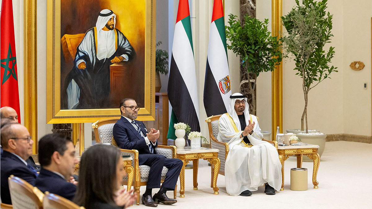 Sheikh Mohamed bin Zayed Al Nahyan, President of the United Arab Emirates, meets with King Mohamed VI of Morocco during a state visit reception at Qasr Al Watan in Abu Dhabi, United Arab Emirates December 04, 2023. Ryan Carter/UAE Presidential Court/Handout via REUTERS THIS IMAGE HAS BEEN SUPPLIED BY A THIRD PARTY