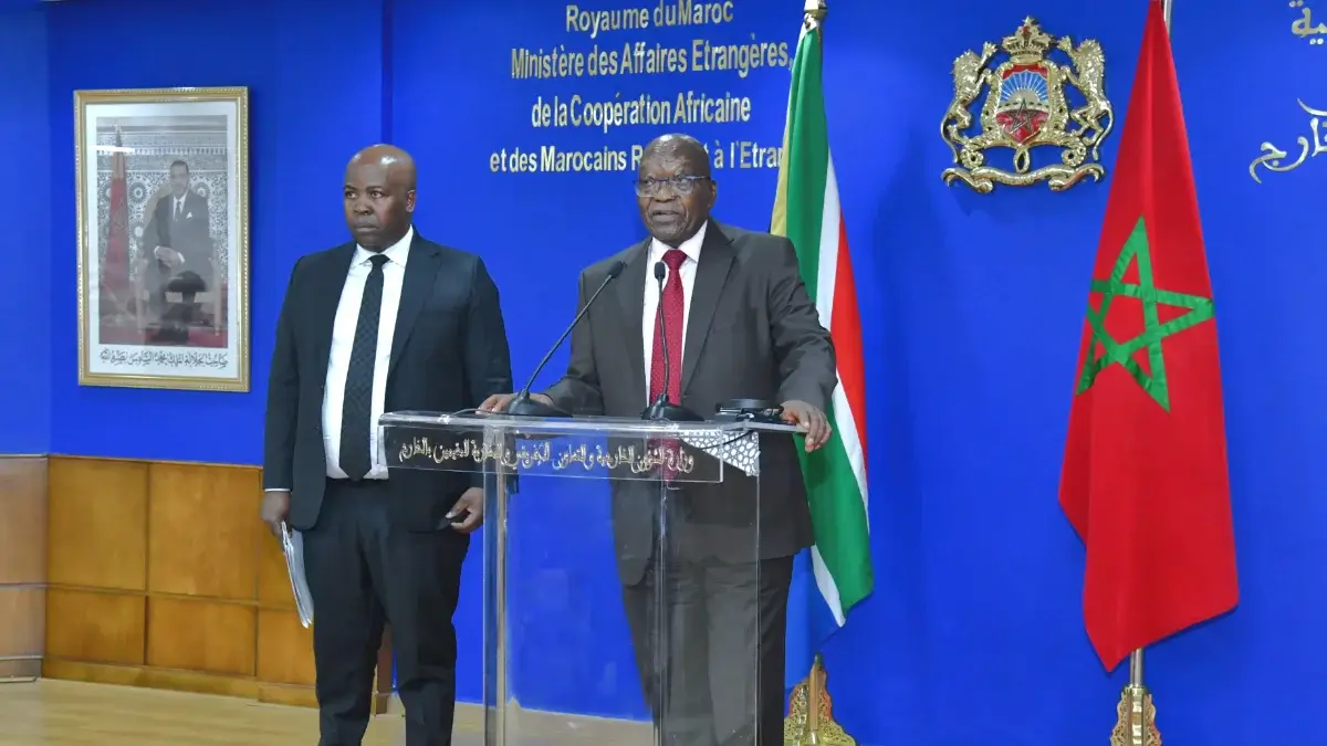 El expresidente del país y líder del partido MK, Jacob Zuma, durante la rueda de prensa posterior al encuentro con Nasser Bourita - PHOTO/X/MAROC DIPLOMATIE