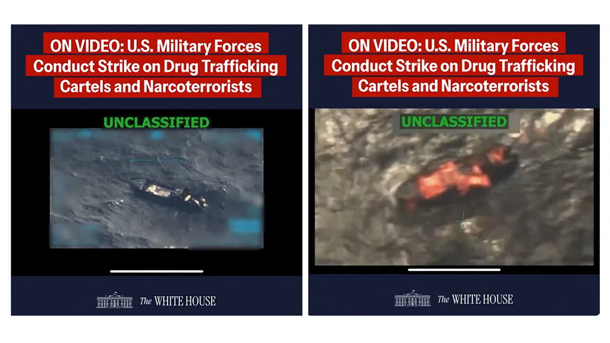 <p>Una imagen combinada muestra dos capturas de pantalla de un video publicado en la cuenta X de la Casa Blanca el 15 de septiembre de 2025. Este video muestra lo que el presidente estadounidense Donald Trump describió como un ataque militar estadounidense contra una embarcación de un cártel de la droga venezolano que se dirigía a Estados Unidos. Este es el segundo ataque de este tipo contra un supuesto barco de drogas en las últimas semanas - PHOTO/ Casa Blanca vía REUTERS</p>
