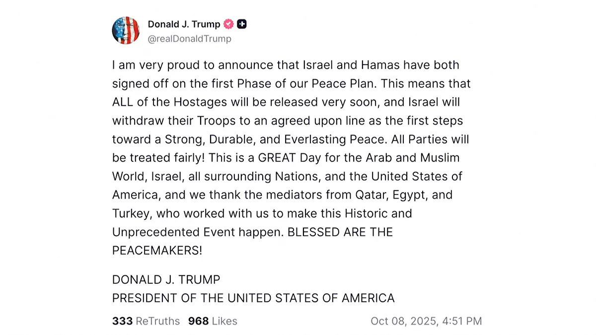 <p>Captura de pantalla de una publicación del presidente estadounidense Donald Trump en su cuenta Truth Social, donde anuncia que Israel y Hamás firmaron la primera fase del acuerdo sobre Gaza propuesto por Estados Unidos, que permite la liberación de todos los rehenes israelíes el 8 de octubre de 2025 - PHOTO/ REDES SOCIALES via REUTERS</p>

