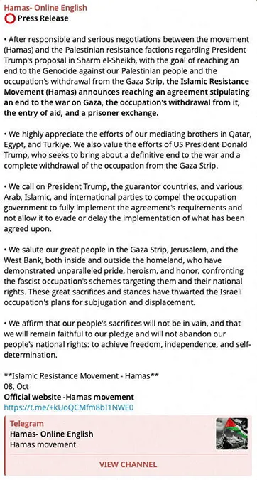 <p>Comunicado de Hamás en Telegram anunciando que había llegado a un acuerdo para poner fin a la guerra en Gaza tras las conversaciones sobre una propuesta del presidente estadounidense Donald Trump - PHOTO/ Captura de pantalla publicada el 9 de octubre de 2025. Redes sociales vía REUTERS</p>
