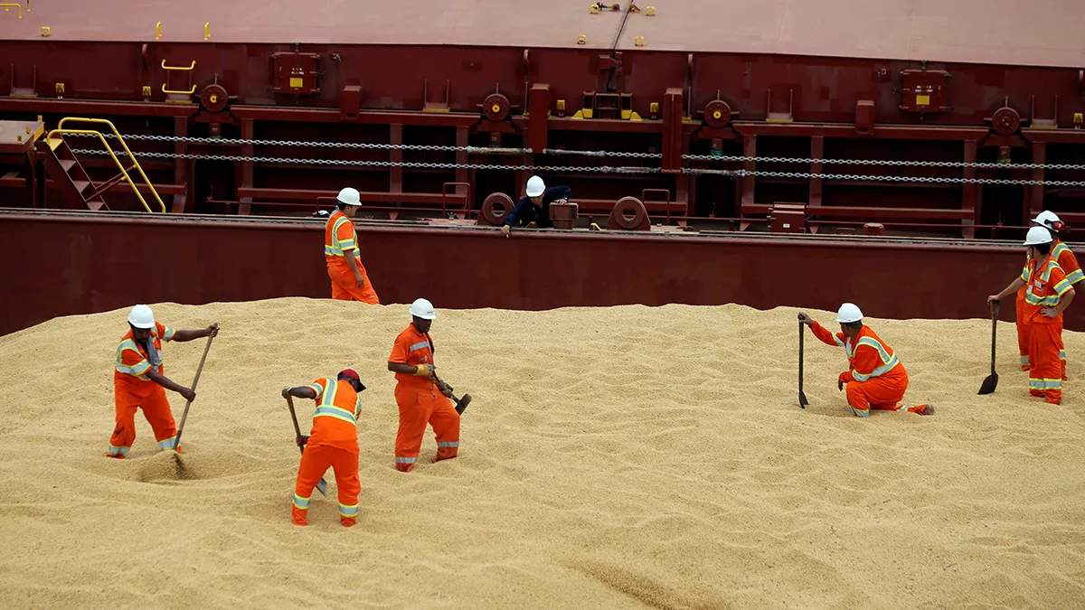 <p>Empleados trabajando en el buque de carga Kypros Land, que está cargando soja con destino a China - REUTERS/ PAULO WHITAKER</p>
