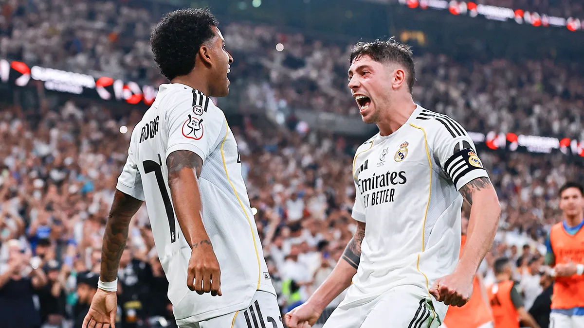 <p>Rodrygo, del Real Madrid, celebra el segundo gol con Federico Valverde - PHOTO/ REUTERS </p>
