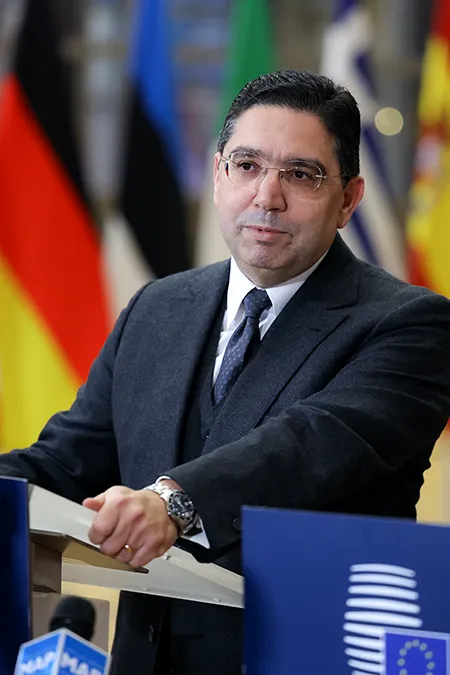 El ministro de Asuntos Exteriores, Cooperación Africana y Marroquíes que viven en el Extranjero, Nasser Bourita, durante la conferencia de prensa posterior a la 15ª sesión del Consejo de Asociación celebrada en Bruselas, como celebración del 30 aniversario del Acuerdo de Asociación entre Rabat y Europa, celebrada el 29 de enero de 2026 - PHOTO/UNIÓN EUROPEA