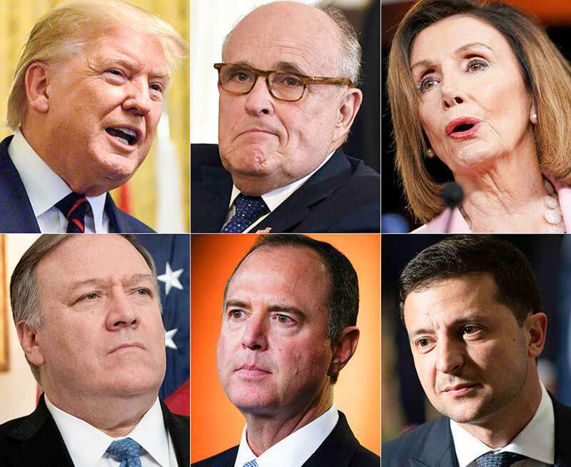 Esta combinación de imágenes de archivo muestra (de izquierda a derecha, de arriba abajo) a Donald Trump, Rudy Giuliani, Nancy Pelosi, Mike Pompeo, Adam Schiff y Volodymyr Zelensky
